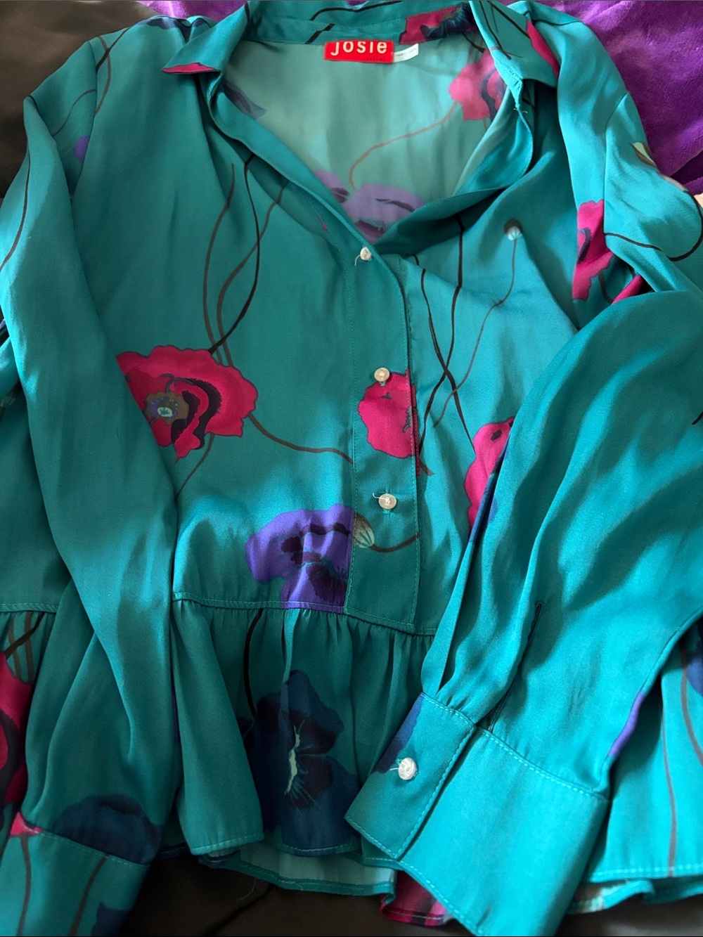 Josie Natori Teal Floral Button-Front Peplum Blouse with Pink & Purple Flowers